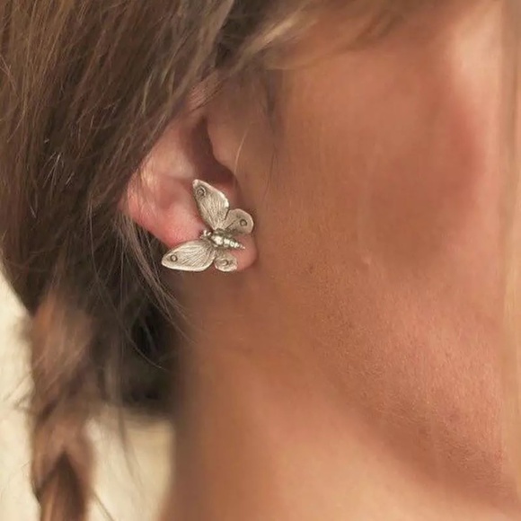 Antique Silver Boho Butterfly Post Earrings - Picture 2 of 6